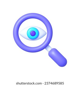 Search loupe icon in 3d style, on white background. Zoom tool. Eye in magnifier. Vector design object for you project