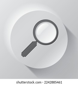 Search loupe icon in circle button, magnifying glass on gray background. Zoom tool. Magnifier. Vector design object for you project 