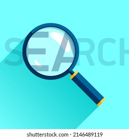 Search loupe icon in flat style, magnifying glass on color background. Search zoom text. Vector design object for you project 