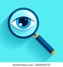 Search loupe icon in flat style, magnifying glass on color background. Zoom tool. Eye in magnifier. Vector design object for you project 