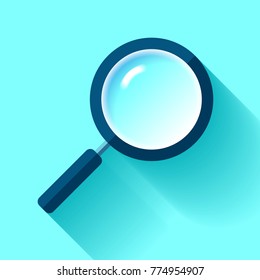 Search loupe icon in flat style, magnifying glass on color background. Vector design object for you project 