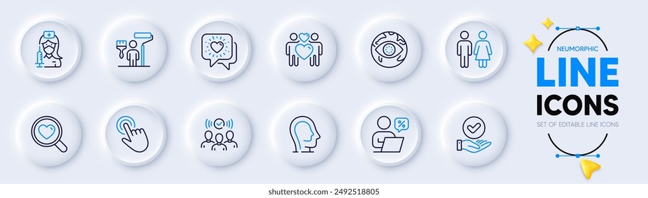 Search love, Friends chat and Psychology line icons for web app. Pack of Cyber attack, Online discounts, Vaccination pictogram icons. Restroom, Painter, Love couple signs. Cursor. Vector