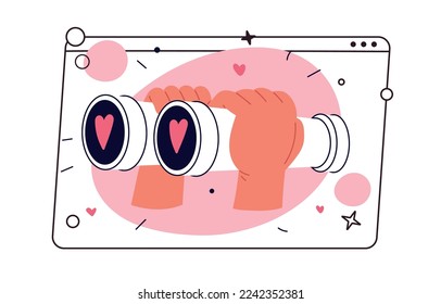 Search love in internet. Hands hold binocular and looks into them. Finding a partner, falling in love. Flat vector illustration