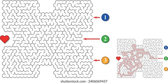 Search for love maze. Labyrinth with three entrances. Find the right way and reach the red heart. Mental educational game template with clue. Vector illustration.