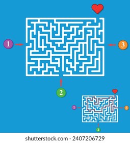 Search for love maze. Labyrinth with three entrances. Find the right way and reach the red heart. Mental educational game template with clue. Vector illustration.