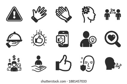 Search love, Restaurant food and Face protection icons simple set. Engineering, Salary employees and Like hand signs. Clapping hands, Mobile like and Breathing exercise symbols. Flat icons set. Vector