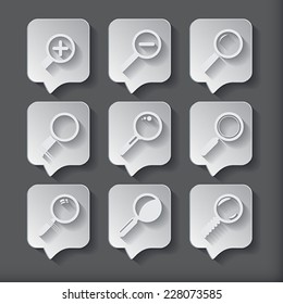 "Search With Lupe". Flat square style icons set with long  shadow.  Vector Illustration. 