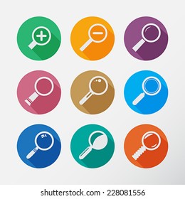 "Search With Lupe". Flat style round icons set with long shadow.  Vector Illustration. 