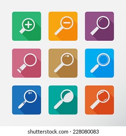 "Search With Lupe". Flat style square icons set with long shadow.  Vector Illustration. 