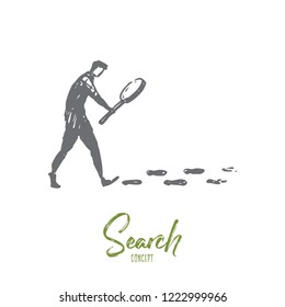 Search, magnifier, detective, glass, internet concept. Hand drawn person searching with magnifying glass concept sketch. Isolated vector illustration.