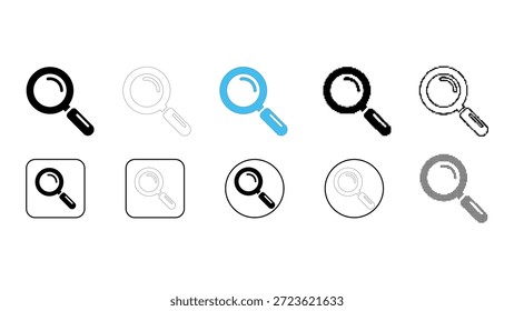 Search magnifier find explore icon set built in solid line dot pixelated colourful styles for web and app navigation.