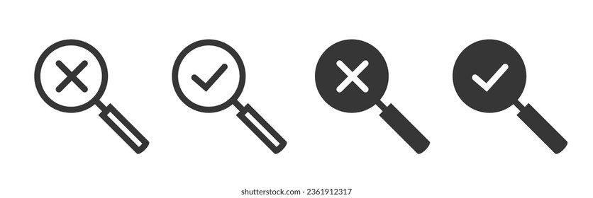 Search magnifier glass check mark icon vector simple graphic pictogram set, review verify pass tick and declined error cross symbol web glyph loupe line outline art image clipart interface ui sign 