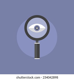 Search With Magnifier Lens, Eye Looking Forward With Loupe, Business Vision Concept. Flat Icon Modern Design Style Vector Illustration Concept.