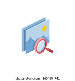 Search magnifier picture gallery images. Vector 3d isometric, color web icon, new flat style. Creative illustration design, graphic idea for infographics.