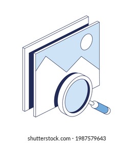 Search magnifier pictures. Vector 3d line isometric, color web icons, new flat style. Creative design idea for infographics.