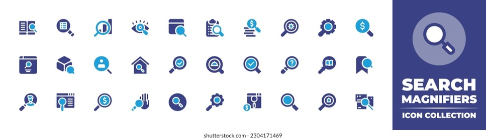 Colección de iconos de los identificadores de búsqueda. Color de duotona. Ilustración vectorial. Contiene búsqueda, visión, sitio web, portapapeles, lupa, seo, buscar, lupe, pregunta, explorar, reclutamiento, mano, zoom.