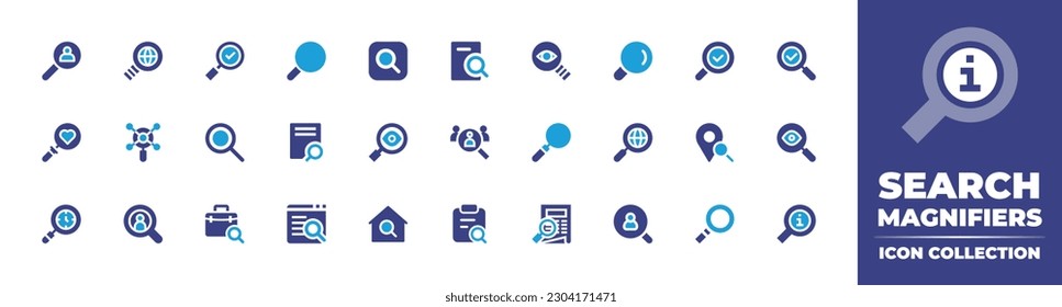 Search magnifiers icon collection. Duotone color. Vector illustration. Containing search, data, visualization, magnifying glass, searching, file, eyes, job search, web search engine.