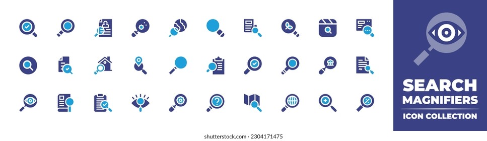 Search magnifiers icon collection. Duotone color. Vector illustration. Containing search, magnifying glass, virus, destination, news, clapperboard, research, home, location, loupe, clipboard, bank.