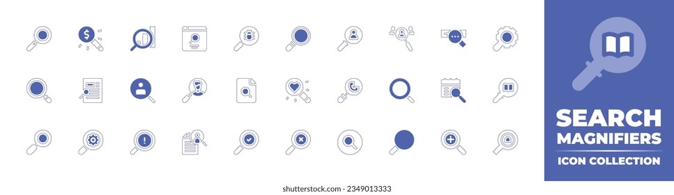 Search magnifiers icon collection. Duotone style line stroke and bold. Vector illustration. Containing magnifying, glass, search, find, transparency, bar, seo, recruitment, searching, and more.