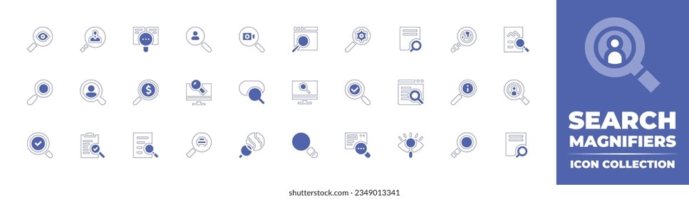 Search magnifiers icon collection. Duotone style line stroke and bold. Vector illustration. Containing search, searcher, research, video, searching, file, image, people, laptop, magnifying, and more.