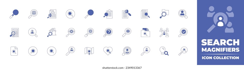 Search magnifiers icon collection. Duotone style line stroke and bold. Vector illustration. Containing search, magnifying, glass, loupe, clipboard, research, information, folder, magnifier, and more.