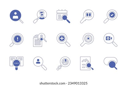 Search magnifiers icon set. Duotone style line stroke and bold. Vector illustration. Containing search, recruitment, calendar, problem, job, zoom, real, estate, video, research, searching, image.