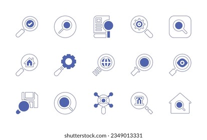 Search magnifiers icon set. Duotone style line stroke and bold. Vector illustration. Containing search, zoom, case, study, magnifying, glass, check, searching, home.