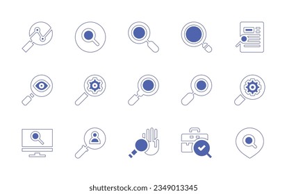 Search magnifiers icon set. Duotone style line stroke and bold. Vector illustration. Containing magnifying, glass, search, transparency, research, loupe, magnifier, laptop, hand, briefcase, location.