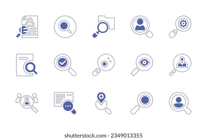 Juego de iconos de los magnificadores de búsqueda. Curso de línea de estilo duotónico y negrita. Ilustración vectorial. Contiene búsqueda, magnificación, vidrio, carpeta, lupa, configuración, datos, virus, buscador, investigación, ubicación.