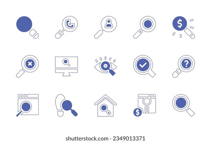 Suche nach Lupen Symbol Set. Duotone Stil Linie Strich und fett. Vektorgrafik. Mit Suche, Suche, Job, Vergrößerung, Glas, Vision, Frage, Fußabdruck.
