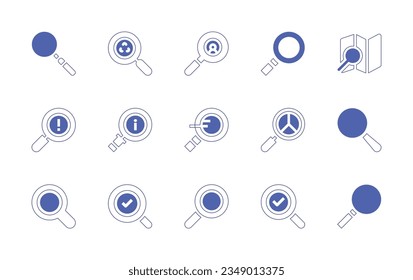 Juego de iconos de los magnificadores de búsqueda. Curso de línea de estilo duotónico y negrita. Ilustración vectorial. Conteniendo la lupa, el reciclado, la búsqueda, el mapa, la información, la búsqueda, la magnificación, el vidrio.