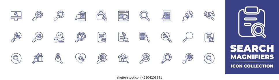 Search magnifiers line icon collection. Editable stroke. Vector illustration. Containing search, loupe, clipboard, job search, web search engine, destination, searching, check, market research.