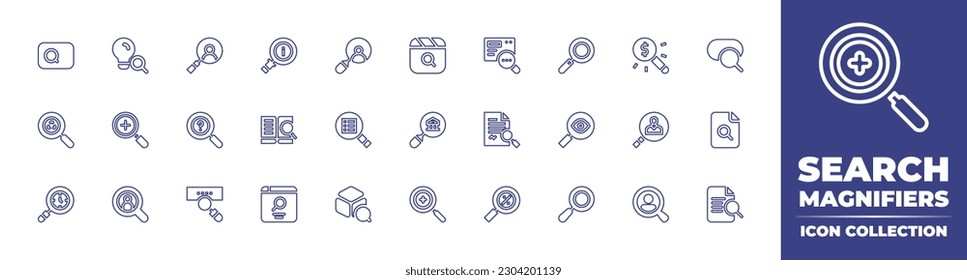 Search magnifiers line icon collection. Editable stroke. Vector illustration. Containing search bar, idea, prospect, information, searching, clapperboard, research, magnifying glass, search.