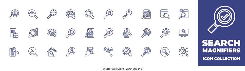 Search magnifiers line icon collection. Editable stroke. Vector illustration. Containing search, magnifier, cv, website, searching, job, vision, virus, magnifying glass, loupe, laptop, research.