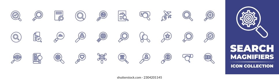 Search magnifiers line icon collection. Editable stroke. Vector illustration. Containing search, magnifying glass, search file, searching, image file, flight, target, data analytics, footprint, case.