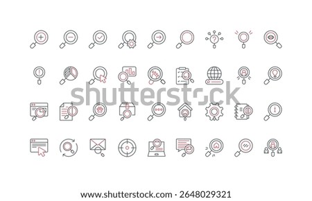 Search and magnify, discovery and inspect data, focus on information with loupe line icon set. Document research, control quality issue, HR find thin black and red outline symbols vector illustration