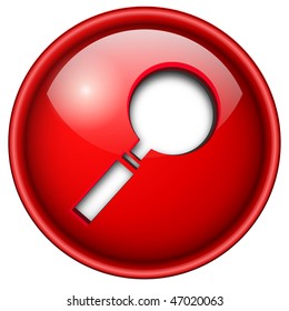 Search, magnifying glass icon, button, 3d red glossy circle.