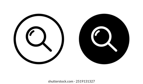 Search, magnifying glass icon on black circle. Magnifier, loupe sign symbol