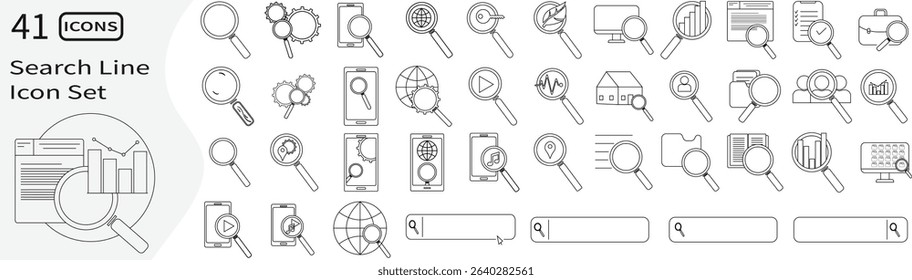 Search and magnifying glass icons set with outline style for data, web, mobile, SEO, user, folder, chart, and analysis.