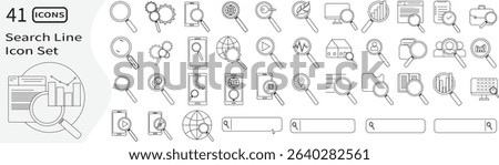 Search and magnifying glass icons set with outline style for data, web, mobile, SEO, user, folder, chart, and analysis.