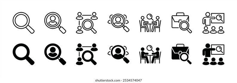 Suche Lupe dünnen Linie Symbol-Set. Mit Rekrutierung, Einstellung, suchen Sie nach Menschen, Teamarbeit, Personalwesen, Arbeit, Kandidat, Mitarbeiter, Job, Beruf, Ergänzung. Vektorgrafik