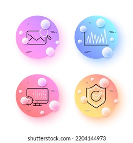 Search mail, Confirmed and Line graph minimal line icons. 3d spheres or balls buttons. Seo icons. For web, application, printing. Find letter, Accepted message, Market diagram. Search engine. Vector