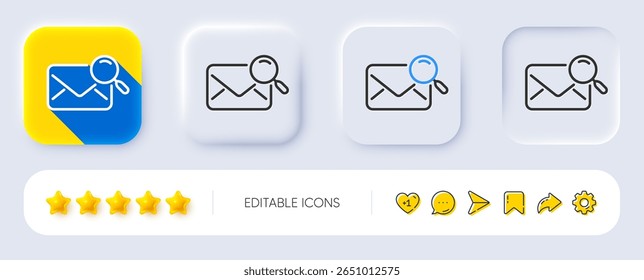 Icono de línea de correo de Búsqueda. Neumórfico, Sombra plana, Botones 3D. Buscar firma de documento de carta. Magnifica la luna. Icono de correo de búsqueda de línea. Iconos de redes sociales. Vector