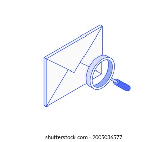 Search mail, searching letter, find email, send message, envelope isometric illustrate 3d vector icon. Modern creative design illustration in flat line style.