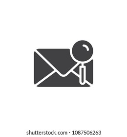 Search mail vector icon. filled flat sign for mobile concept and web design. Envelope and magnifying glass simple solid icon. Symbol, logo illustration. Pixel perfect vector graphics