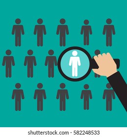 Search man vector icon. Job search. Magnifying glass with men inside