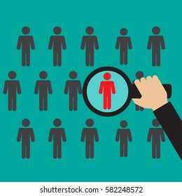 Search man vector icon. Job search. Magnifying glass with men inside