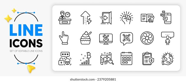 Search map, Click hand and Fan engine line icons set for app include Cyber attack, Entrance, Empower outline thin icon. Repair, Energy growing, Qr code pictogram icon. Privacy policy. Vector