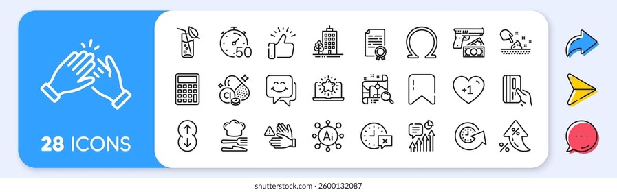 Search map, Timer and Omega line icons. Interest rate, AI generate, Inflation icons. Pack of Update time, Water glass, Time icon. Smile face, Dont touch, Best laptop pictogram. Vector