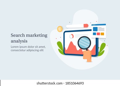 Search marketing, Search analysis, Search engine ranking report - flat design vector illustration with icon and texts